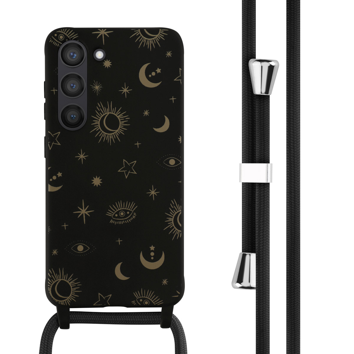 Een zwarte telefoonhoes met een gouden hemels patroon en een zwart koord.