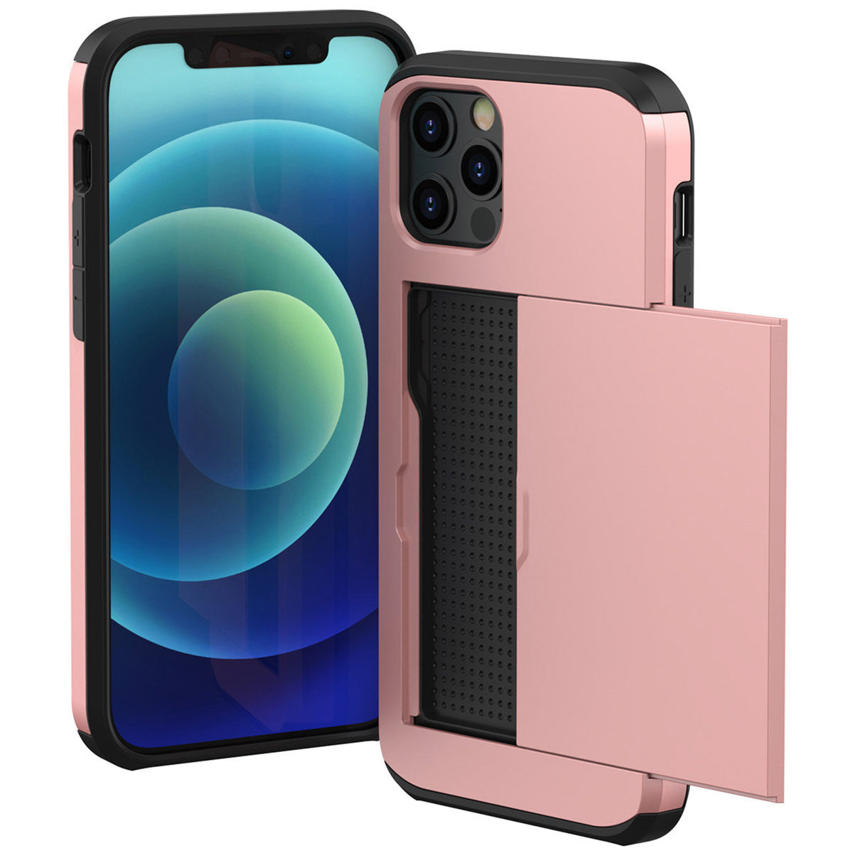 Twee roze iPhone-hoesjes. Eén heeft een scherm, de andere een schuifdeur voor kaarten. Beide hebben zwarte accenten.
