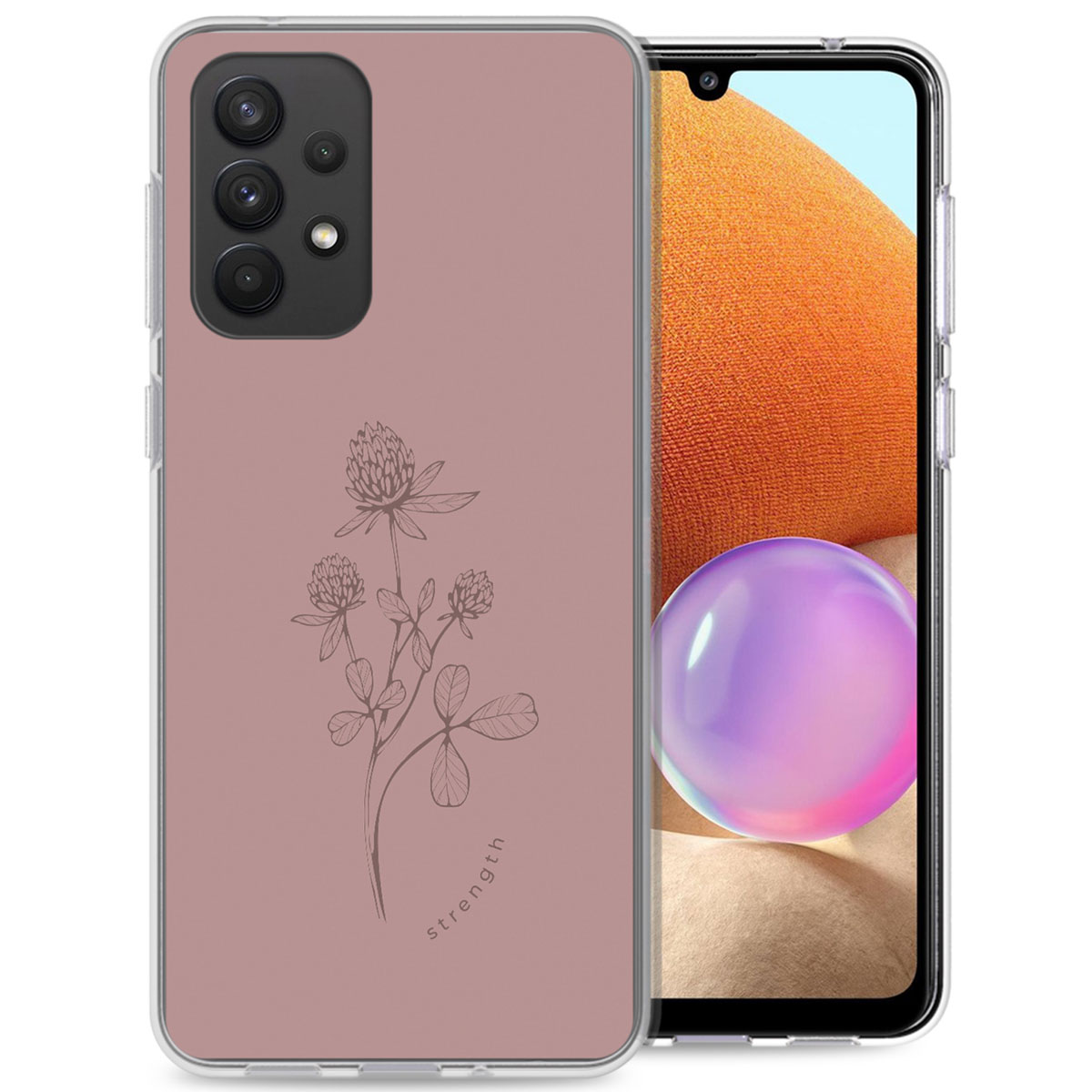 Coque de téléphone avec motif floral. Coque rose. Téléphone à droite avec couleurs orange et violet.