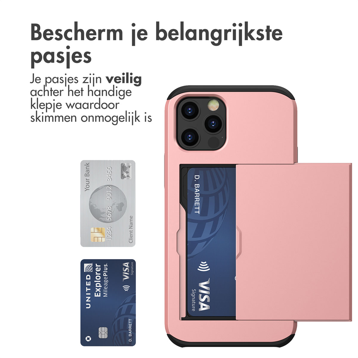 Roze telefoonhoesje met een kaartsleuf en creditcards. De telefoonhoes heeft een zwart frame en Visa-kaarten.
