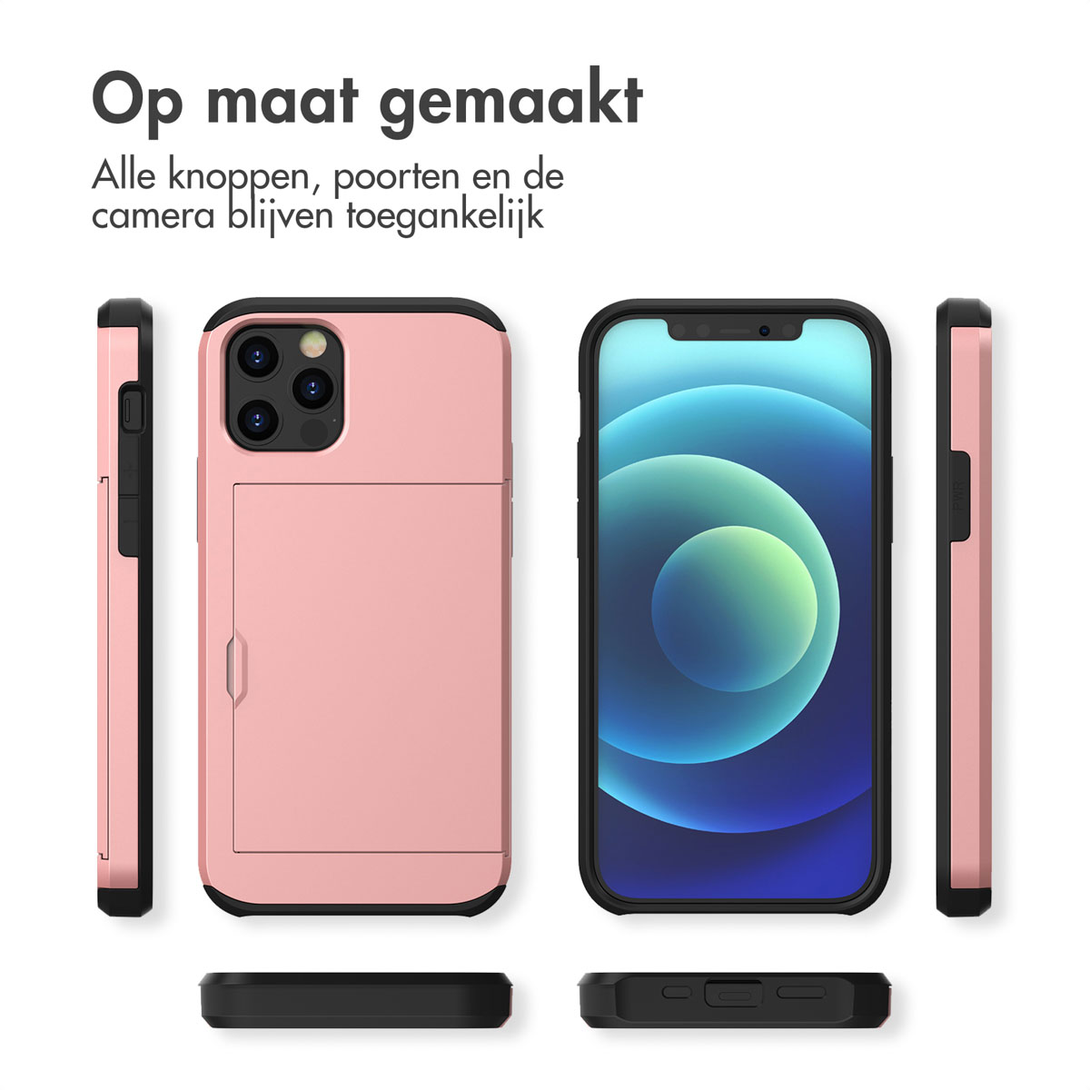 Roze telefoonhoes, verschillende hoeken en een kaarthouder tonend.