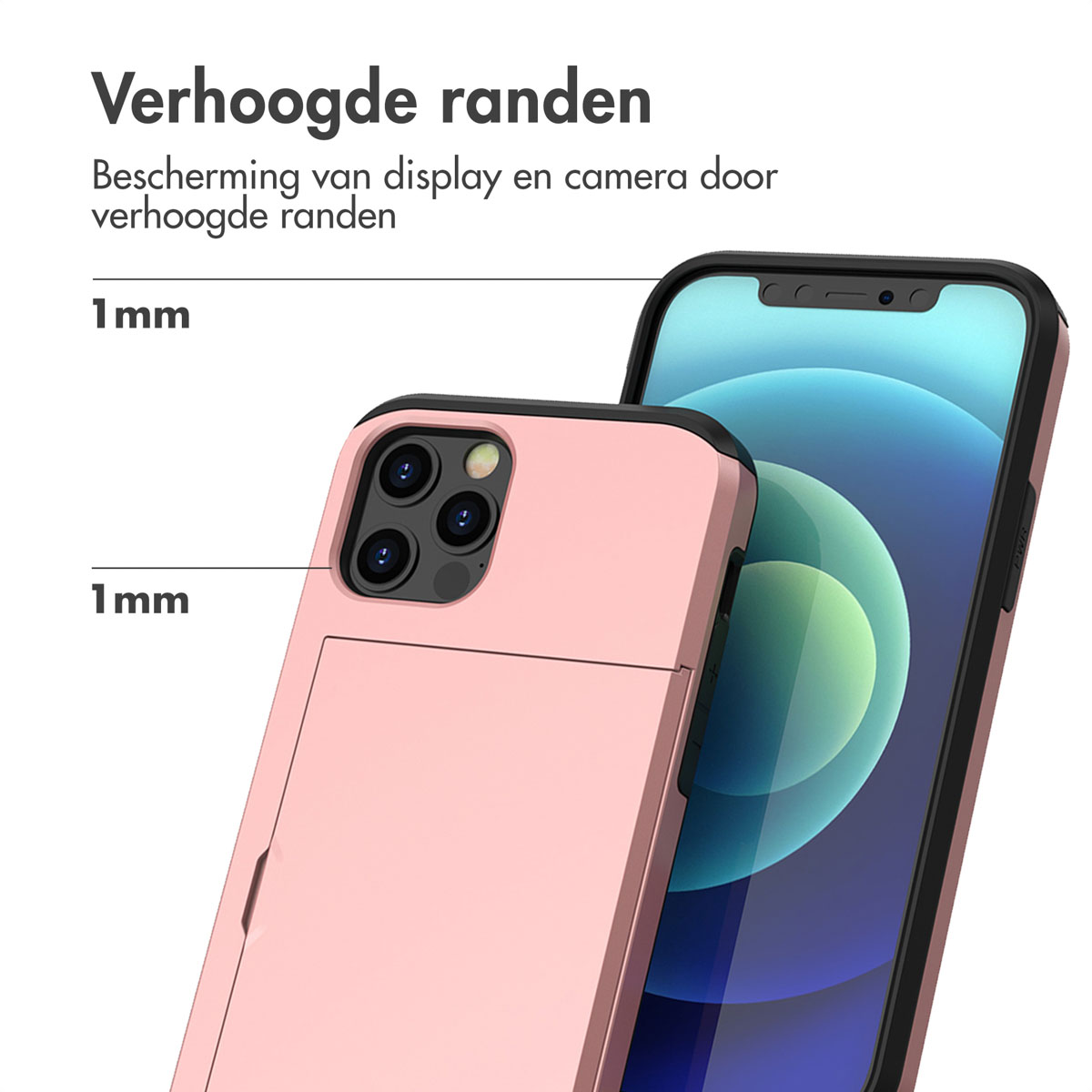 Een roze telefoonhoes met 1 mm verhoogde randen beschermt het display en de camera.