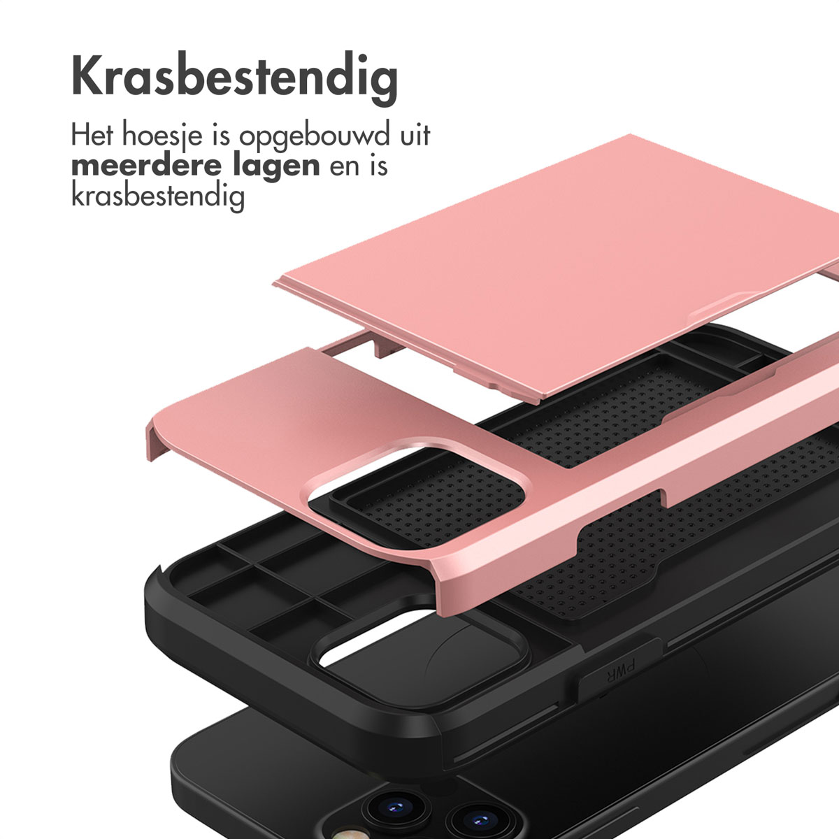 Explosie-aanzicht van een roségouden en zwarte telefoonhoes met meerdere lagen.