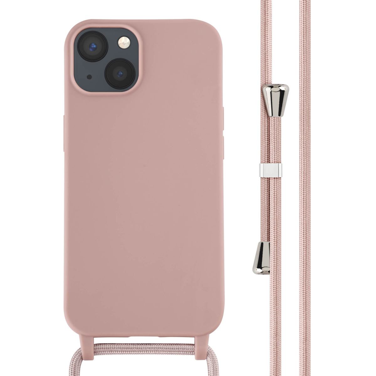 Coque de téléphone rose avec une sangle rose. Le téléphone est visible, avec un design lisse.