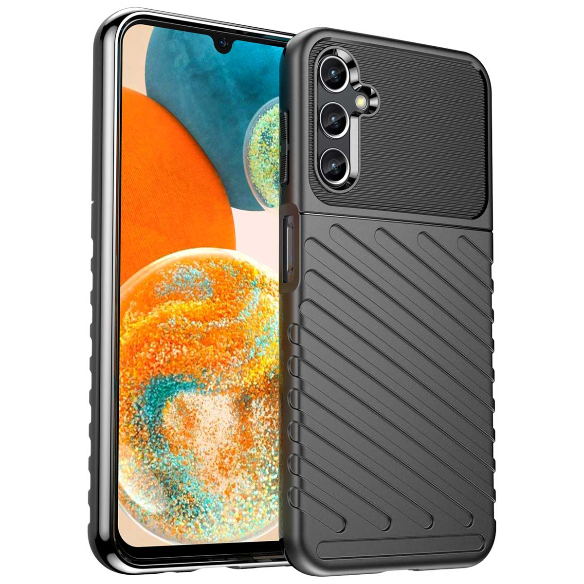 Zwart telefoonhoesje met telefoon erin, toont camera en een getextureerde achterkant.