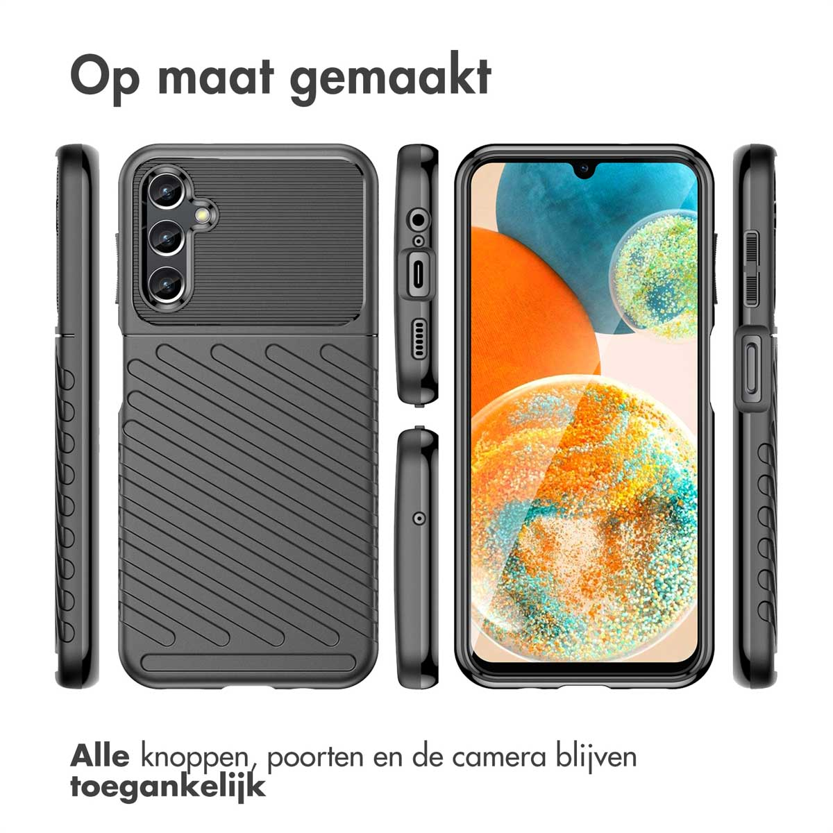 Zwarte telefoonhoes getoond vanuit meerdere hoeken, voor en zijkanten.