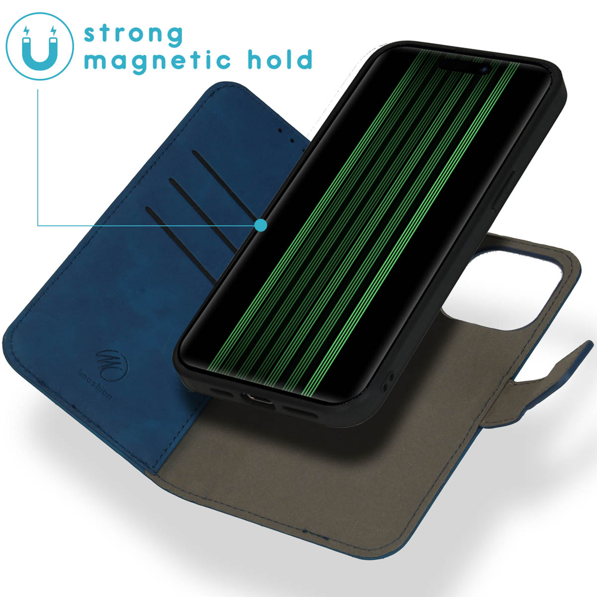 Étui portefeuille en cuir bleu avec téléphone, avec forte tenue magnétique.