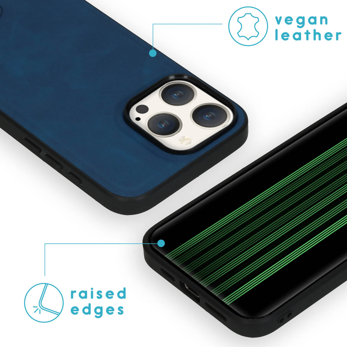 Une coque de téléphone bleue en cuir végétal avec trois caméras et un téléphone rayé vert.