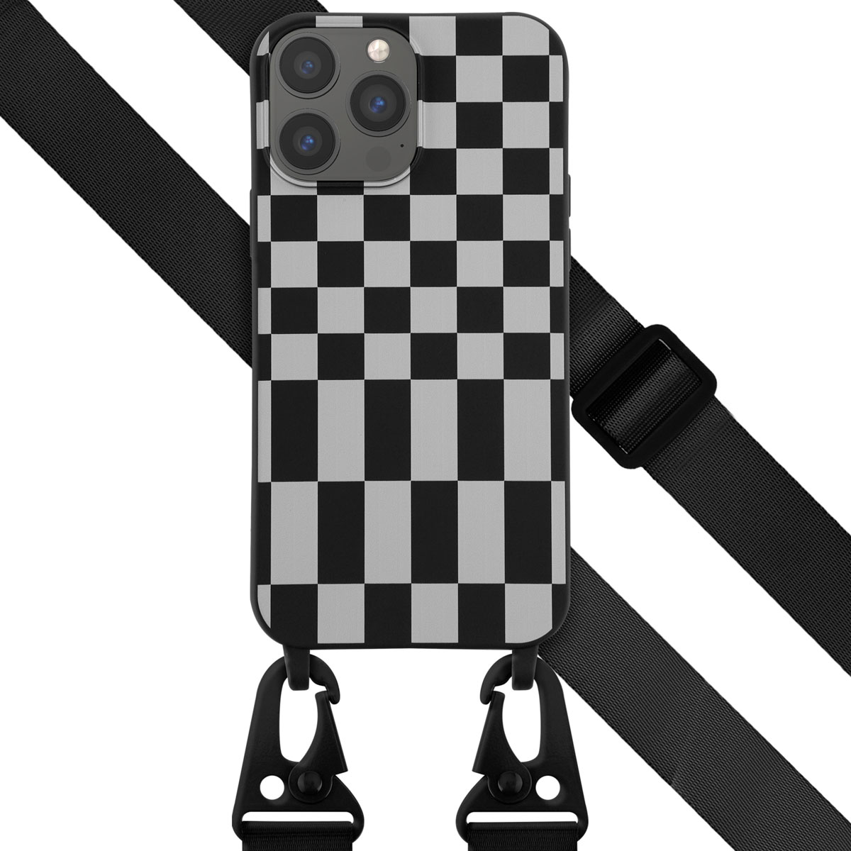 Coque de téléphone à motif damier noir et gris avec une sangle noire.
