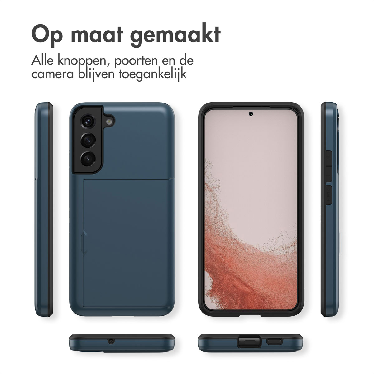 Blauw telefoonhoesje met camera-uitsparingen en kaartsleuf, telefoon erin.