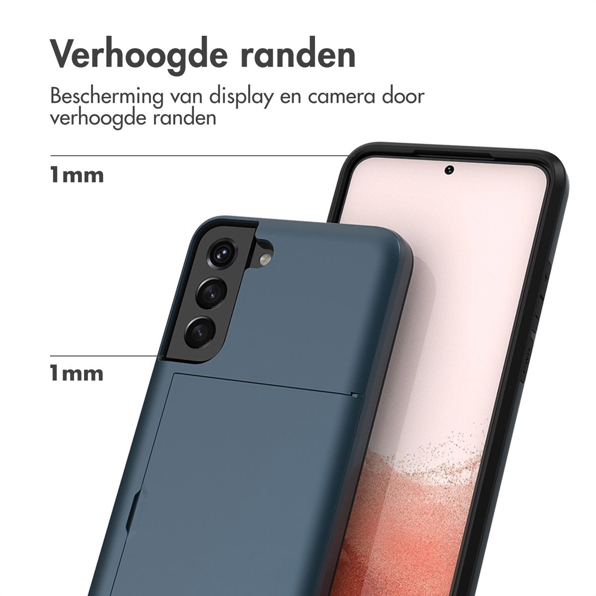 Een blauwe telefoonhoes met een telefoon erin. De hoes toont de dikte van de hoes. De achtergrond is wit.