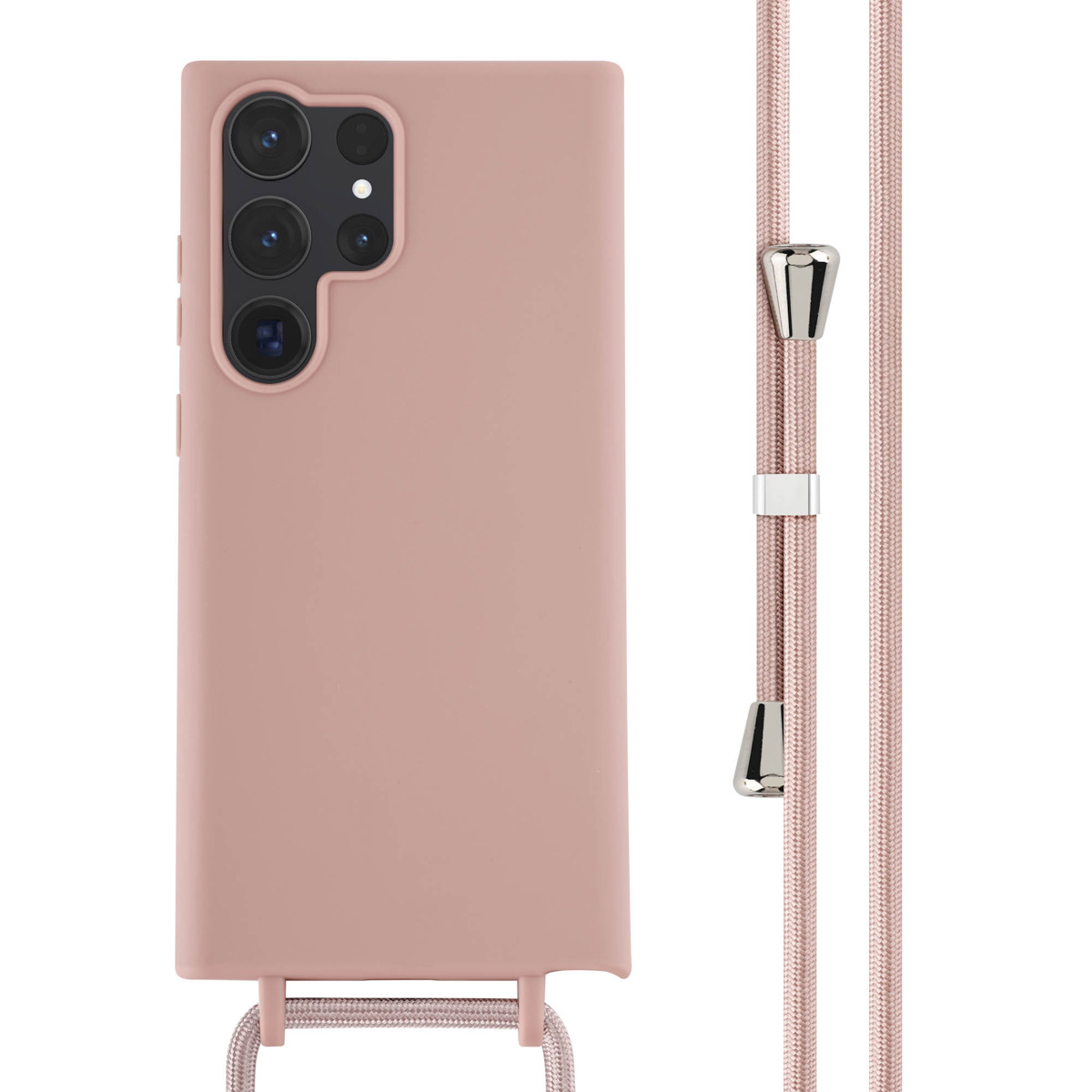 Coque de téléphone rose avec une sangle. La coque est à côté d'une sangle rose avec des détails argentés, sur fond blanc.