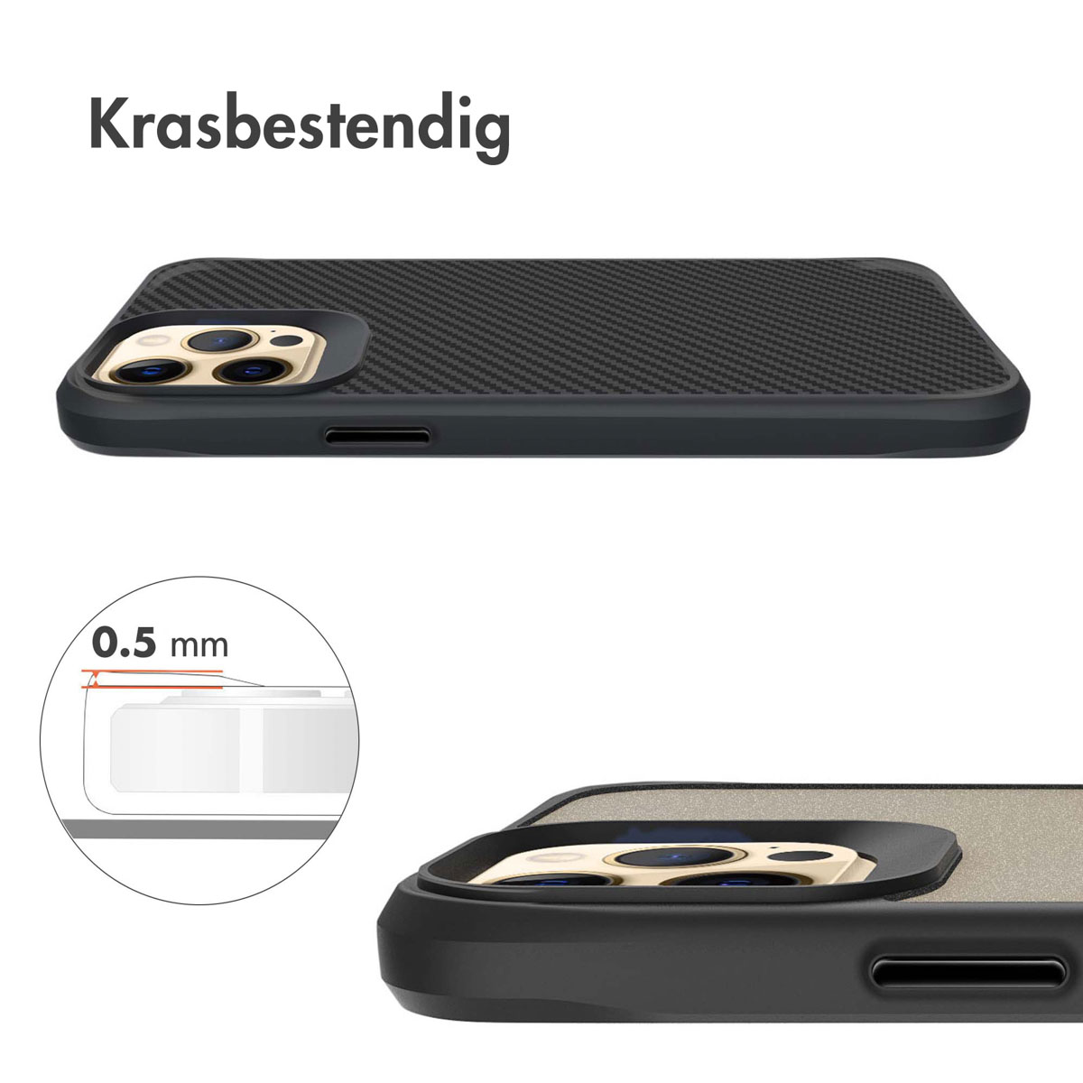 Telefoonhoesje met een carbonvezel design. De case is zwart. Witte achtergrond.