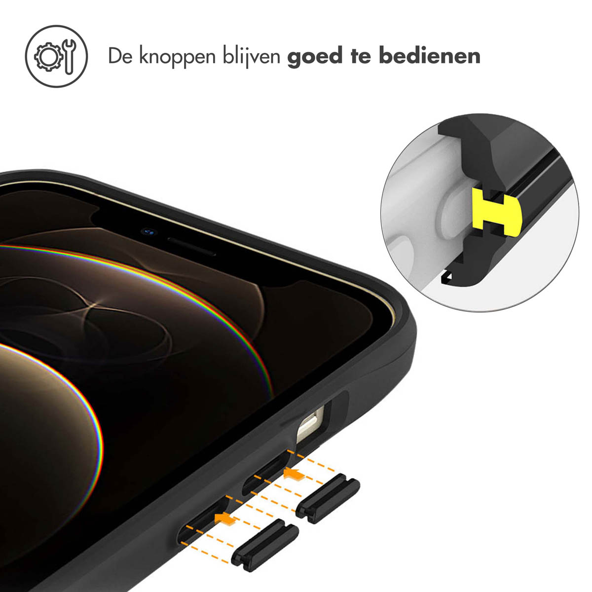 Zwarte telefoonhoes met knopafdekkingen. Inzetfoto benadrukt de knopfunctionaliteit.
