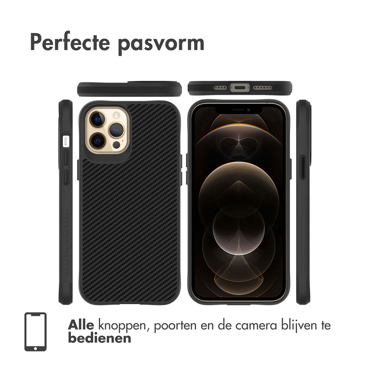 Zwarte telefoonhoes met carbonpatroon, iPhone en detailweergaven.