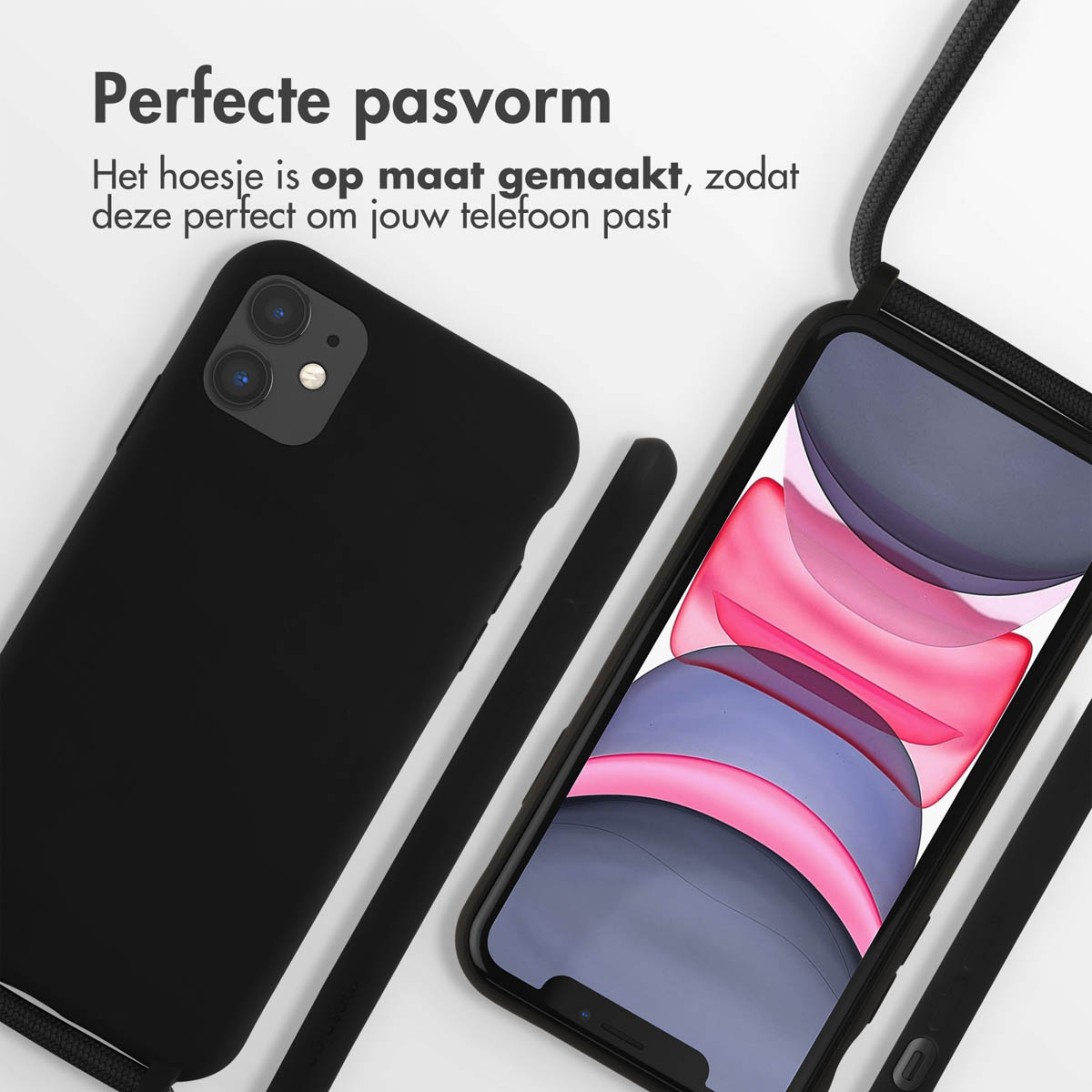 Custodia nera e uno smartphone con onde rosa e blu sullo schermo.