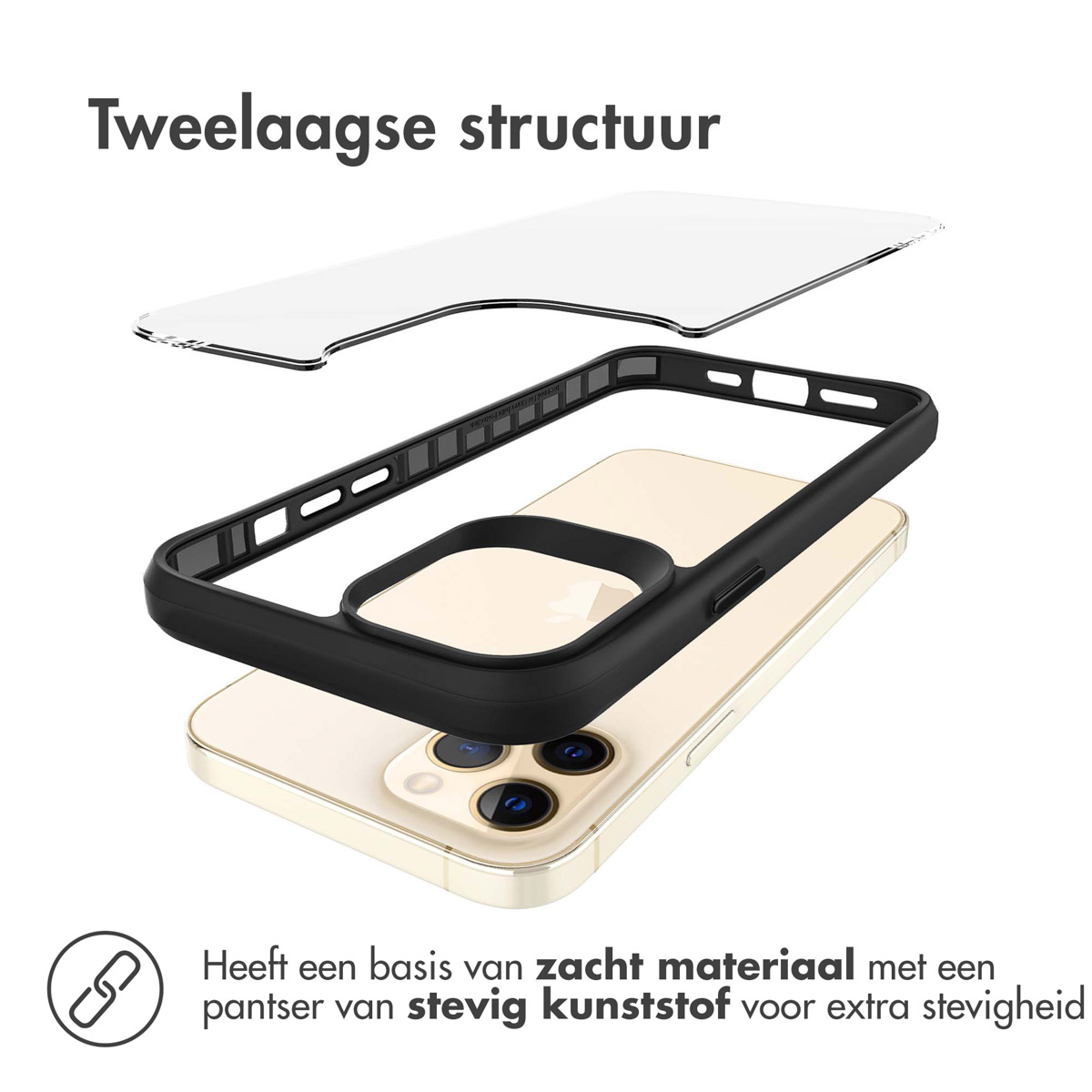 Black and clear phone case. The case is shown in layers to emphasize the dual-layer structure of the case.