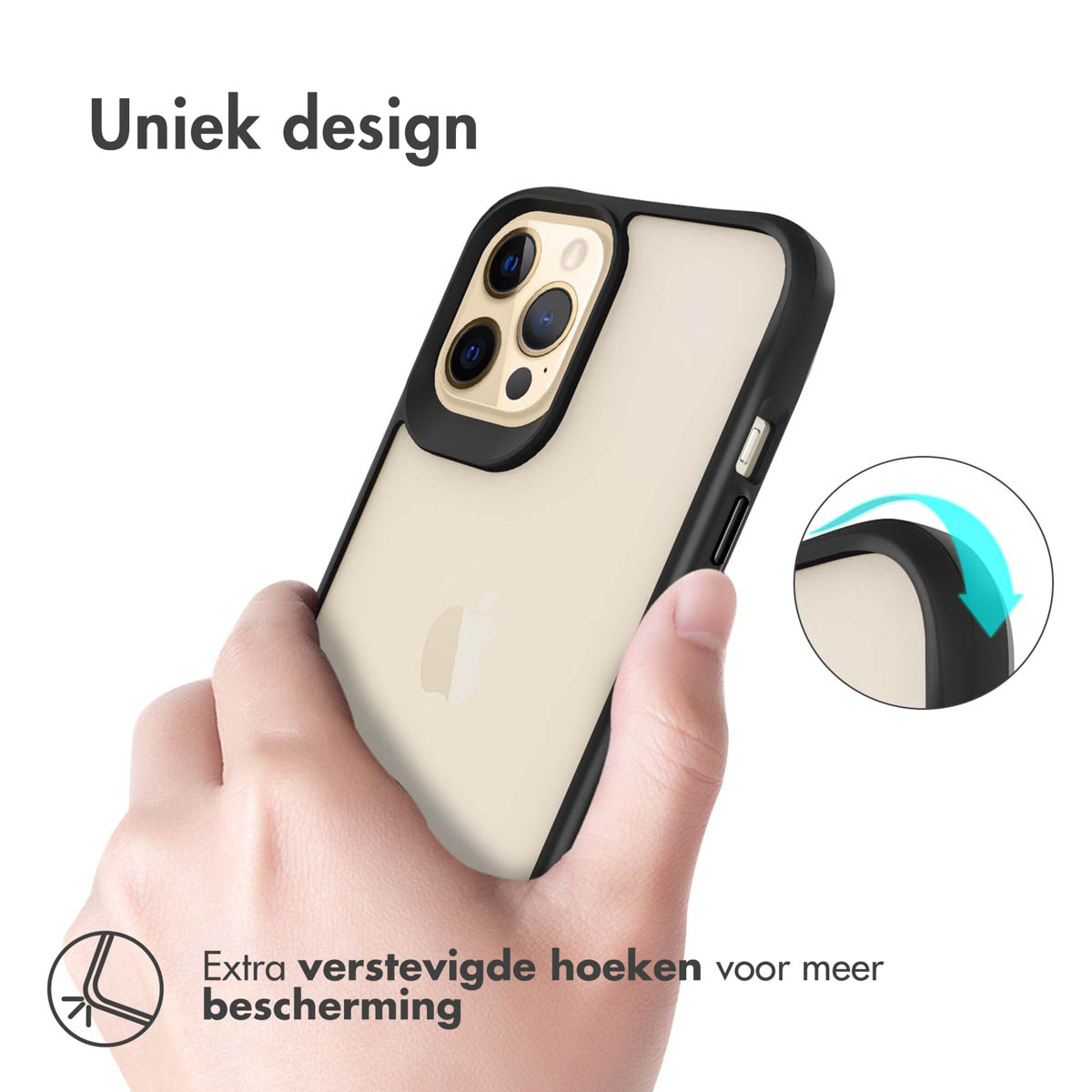A hand holds a transparent phone with a black border and reinforced corners.