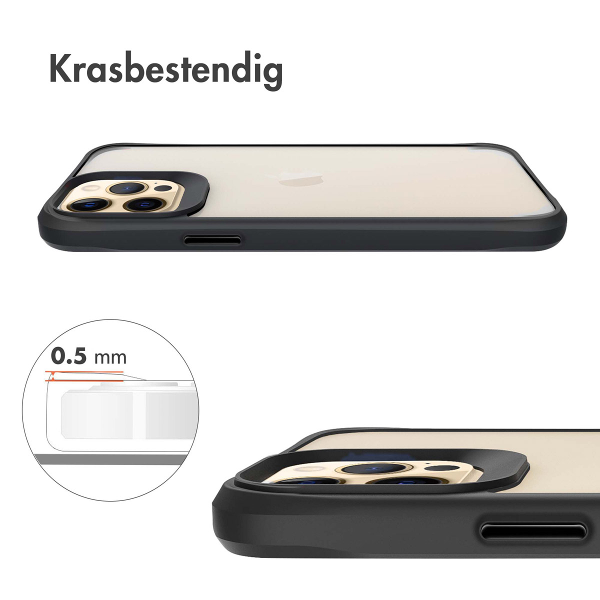 A black iPhone case with a transparent back and a close-up of the camera.