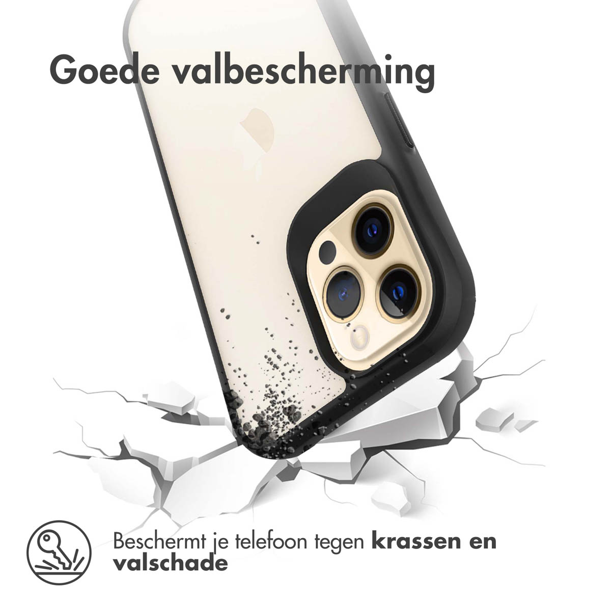 A smartphone with a black case falls onto broken white surfaces.