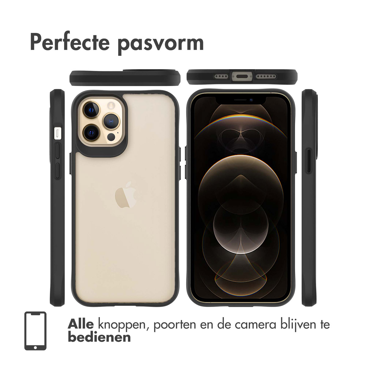 Phone cases in different views. The case is transparent. White background.