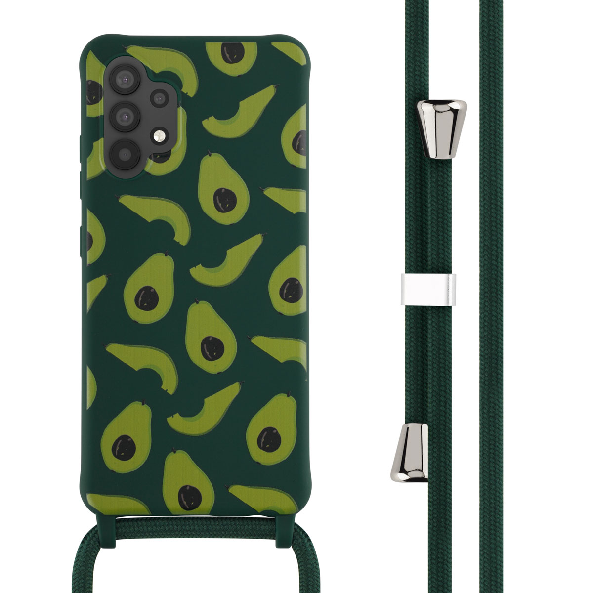 Donkergroene telefoonhoes met avocado patroon en een groene lanyard. Het avocadopatroon is zichtbaar.