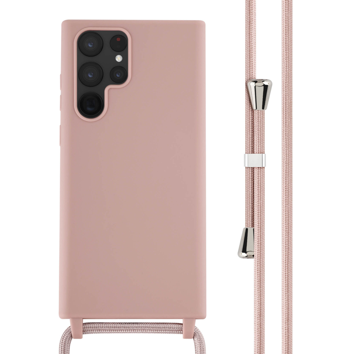 Coque de téléphone rose avec une sangle et des détails métalliques sur fond blanc.