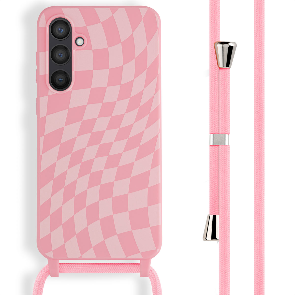 Een roze telefoonhoes met een roze ruitpatroon en een roze koord.