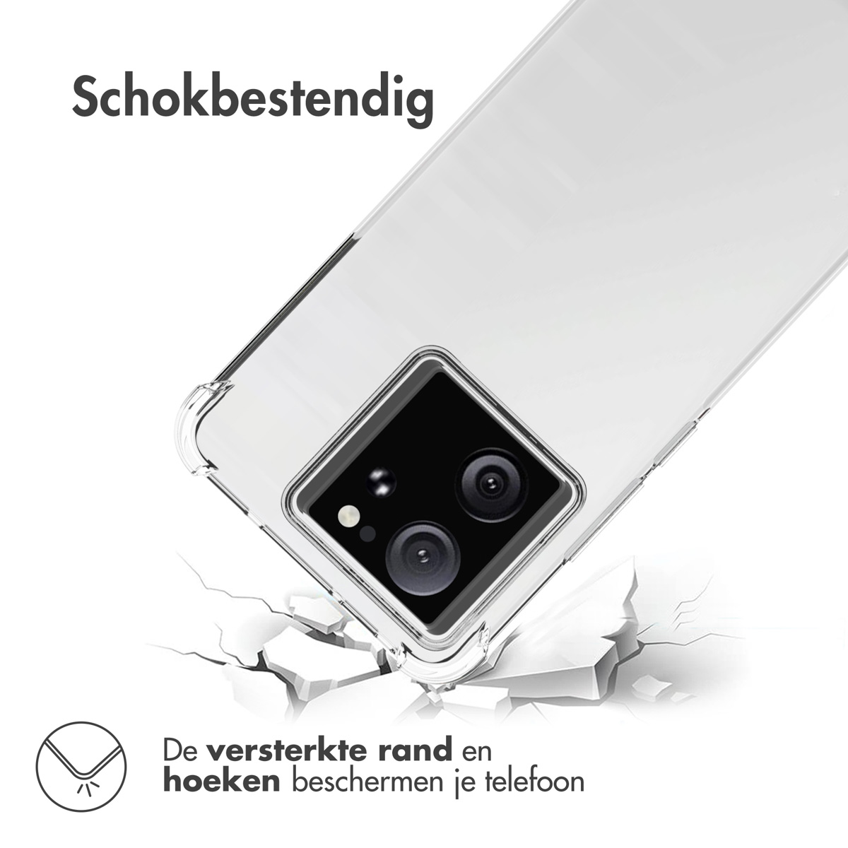 Transparante telefoonhoes met impactbescherming, scheureffect. Telefoon zichtbaar door de hoes.