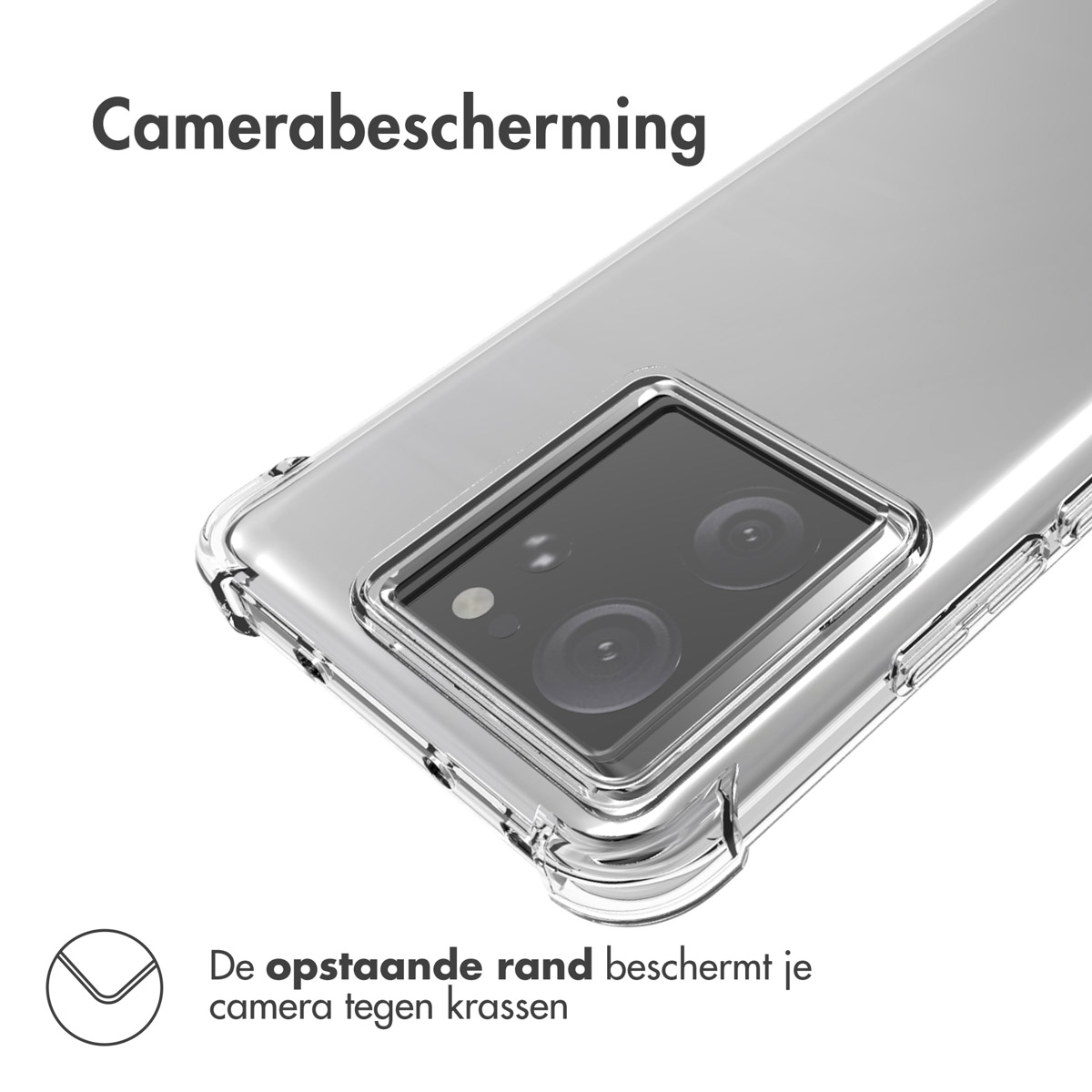Transparant telefoonhoesje met een camera. De hoes heeft opstaande randen om de camera te beschermen.