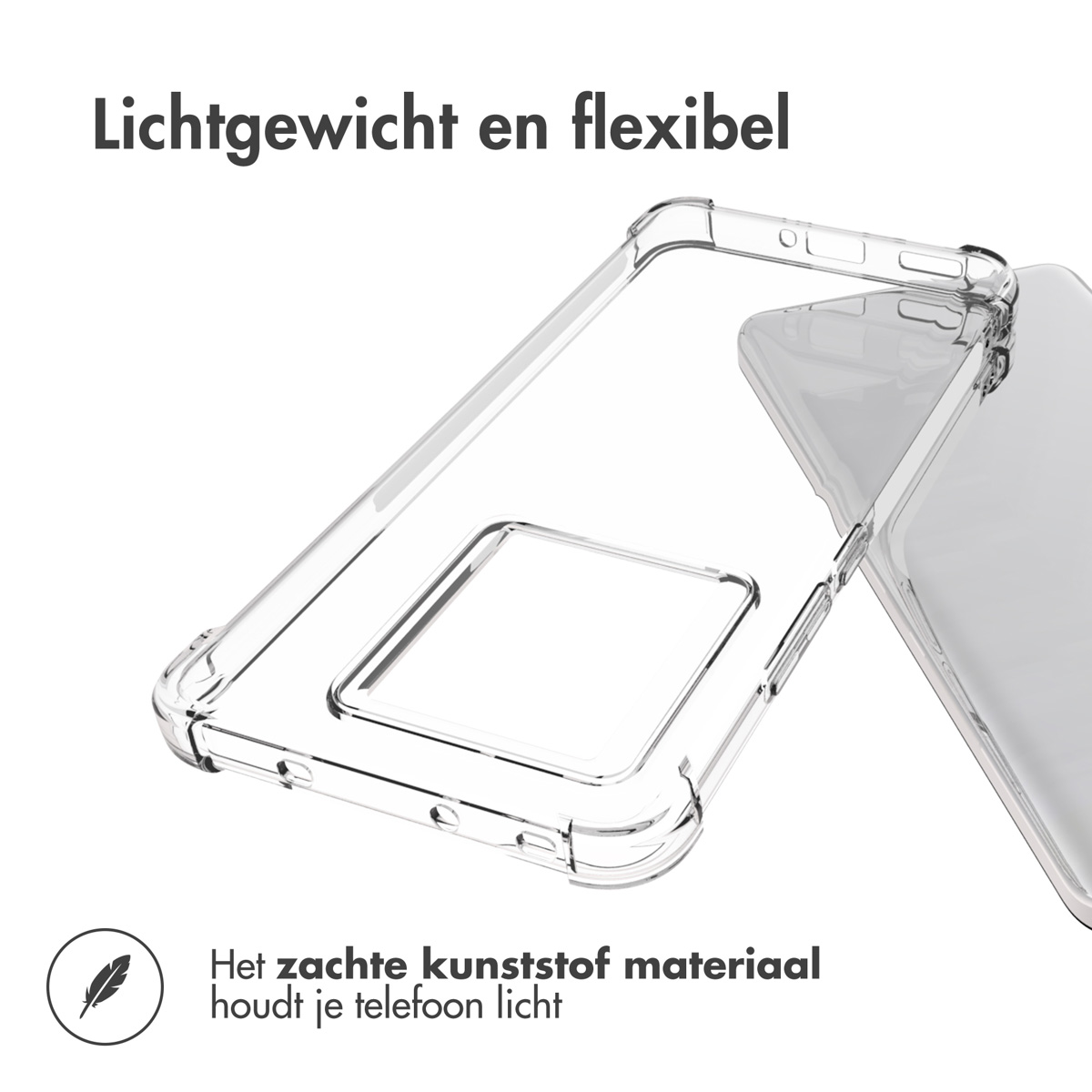 Een doorzichtig telefoonhoesje. Het telefoonhoesje ligt op een wit oppervlak, omhoog gekanteld.