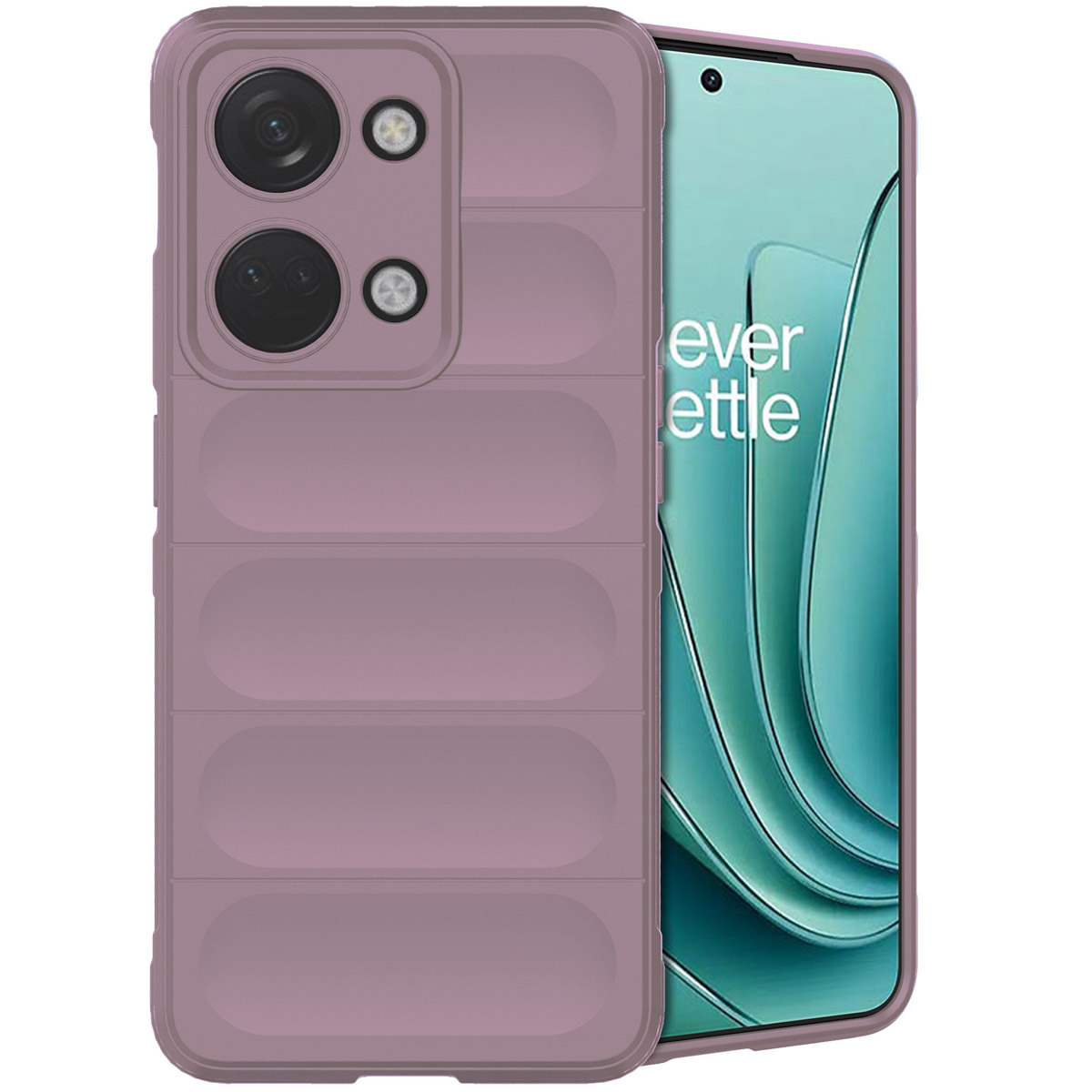 Custodia per telefono viola con design a coste, mostra un telefono con interfaccia.