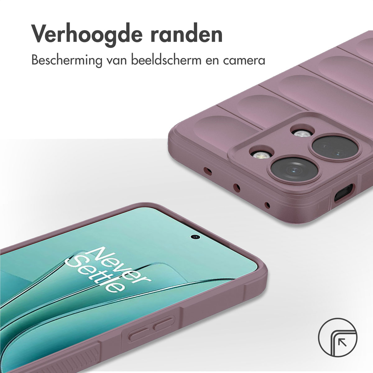 Custodia per telefono viola con bordi rialzati. Il telefono è dentro. Le parole 'Never Settle' sono visibili.