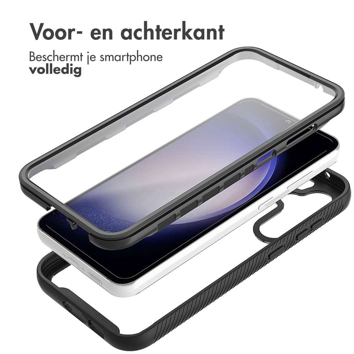Telefooncase lagen, heldere case, zwart frame en telefoon.