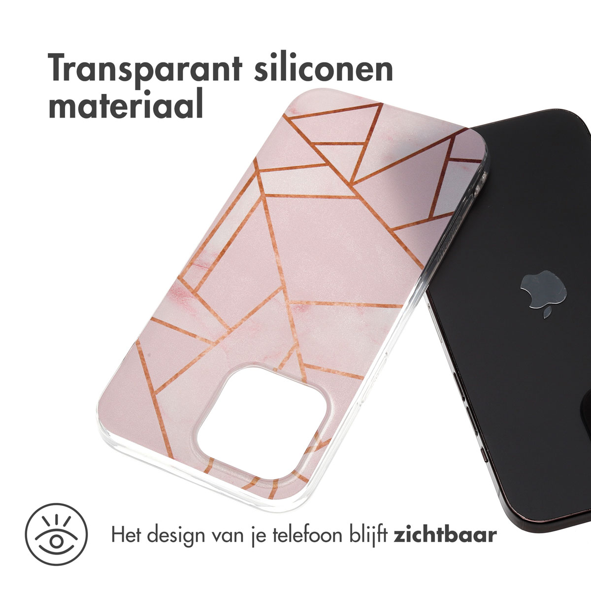 Una cover rosa per telefono con motivo geometrico giace accanto a un telefono nero.
