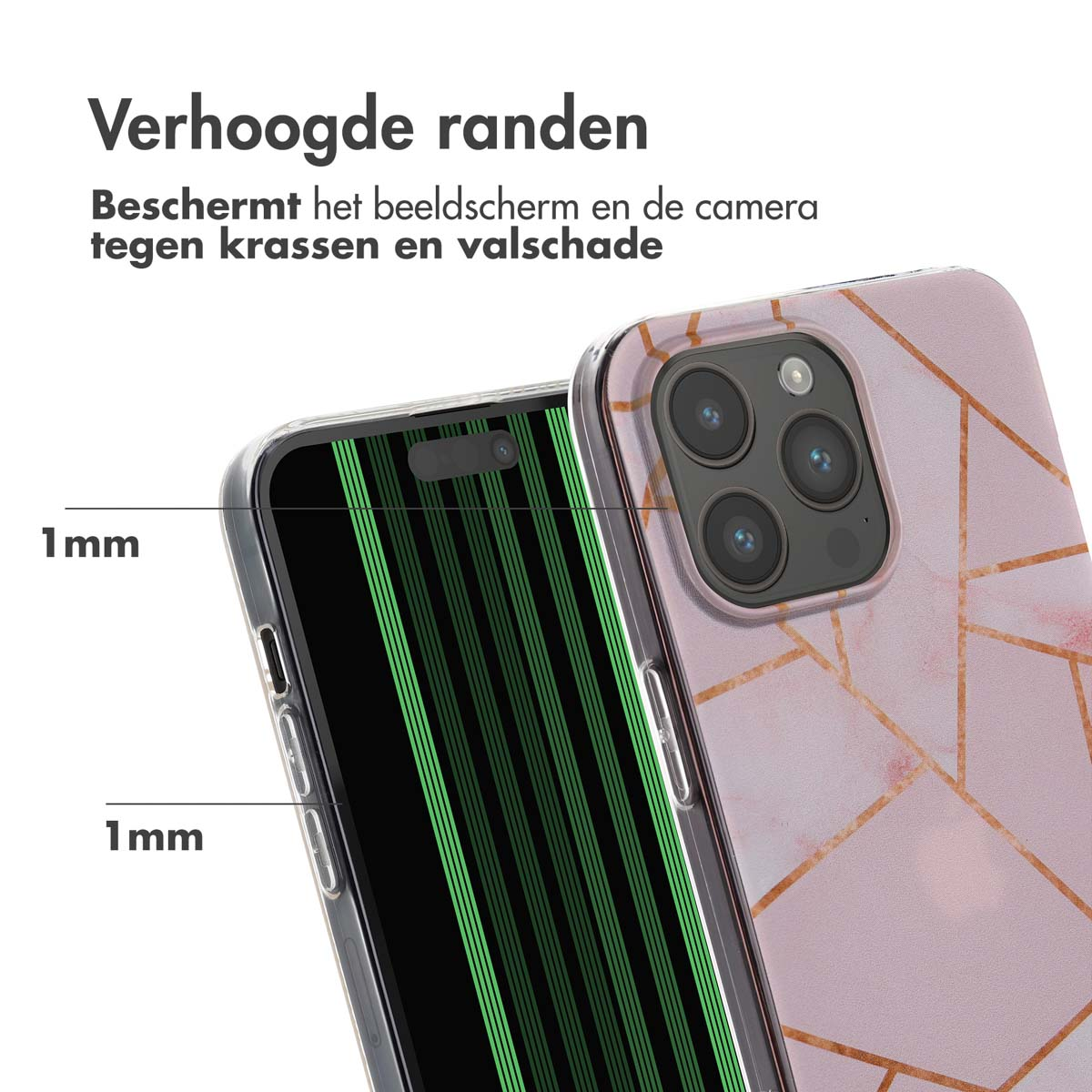 Un telefono con custodia effetto marmo, che protegge schermo e fotocamera.