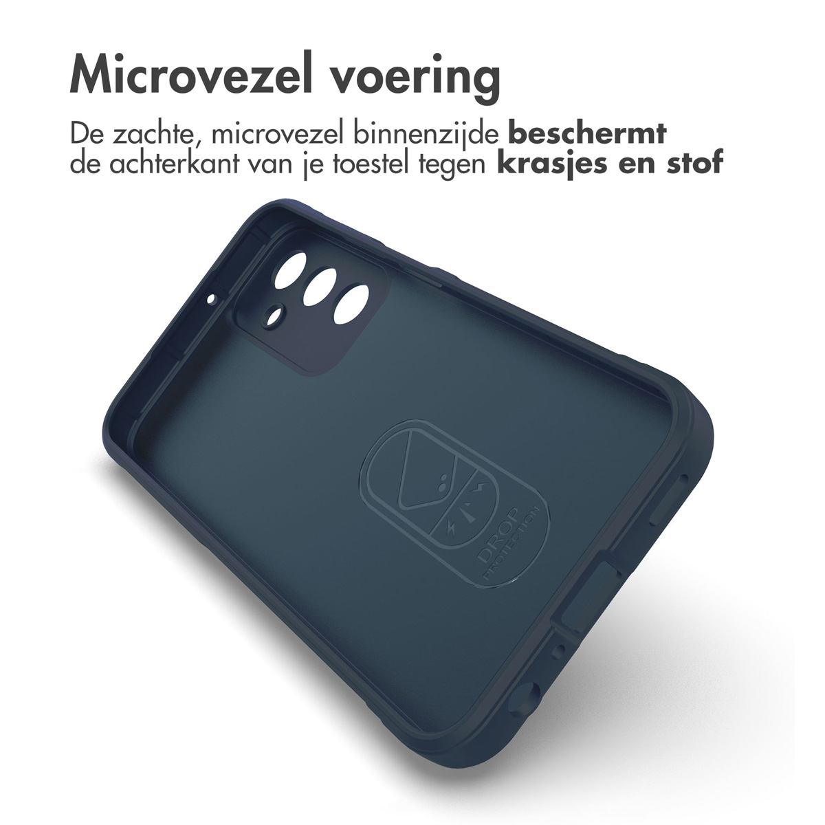 De binnenkant van een blauwe telefoonhoes. Een telefoon is niet zichtbaar. Tekst: Microvezelvoering.