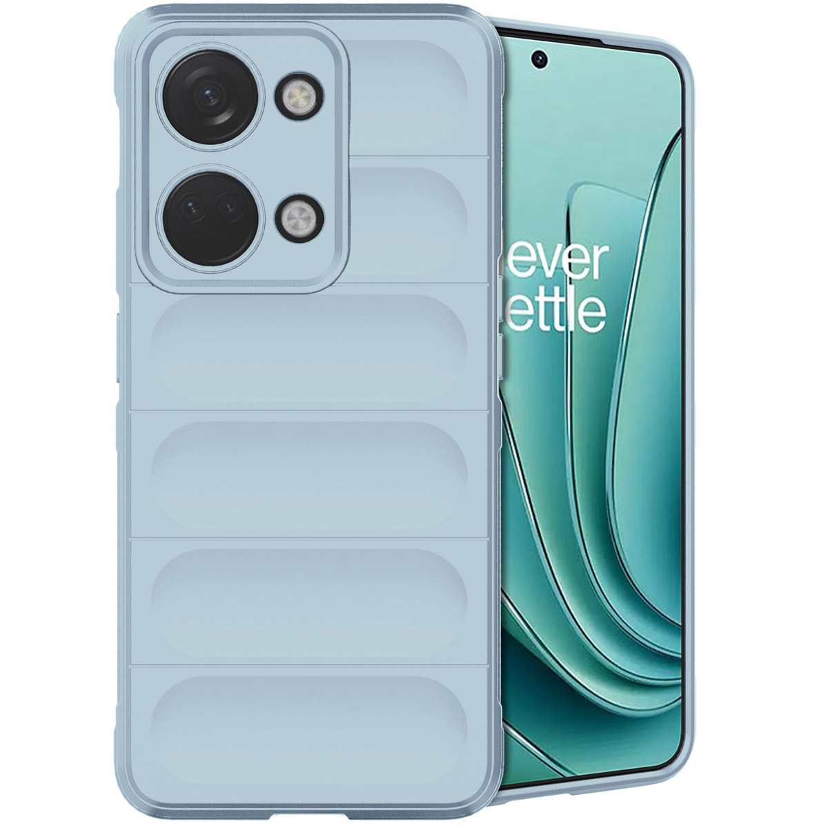 Custodia blu per telefono con telefono azzurro. La custodia ha un design imbottito.