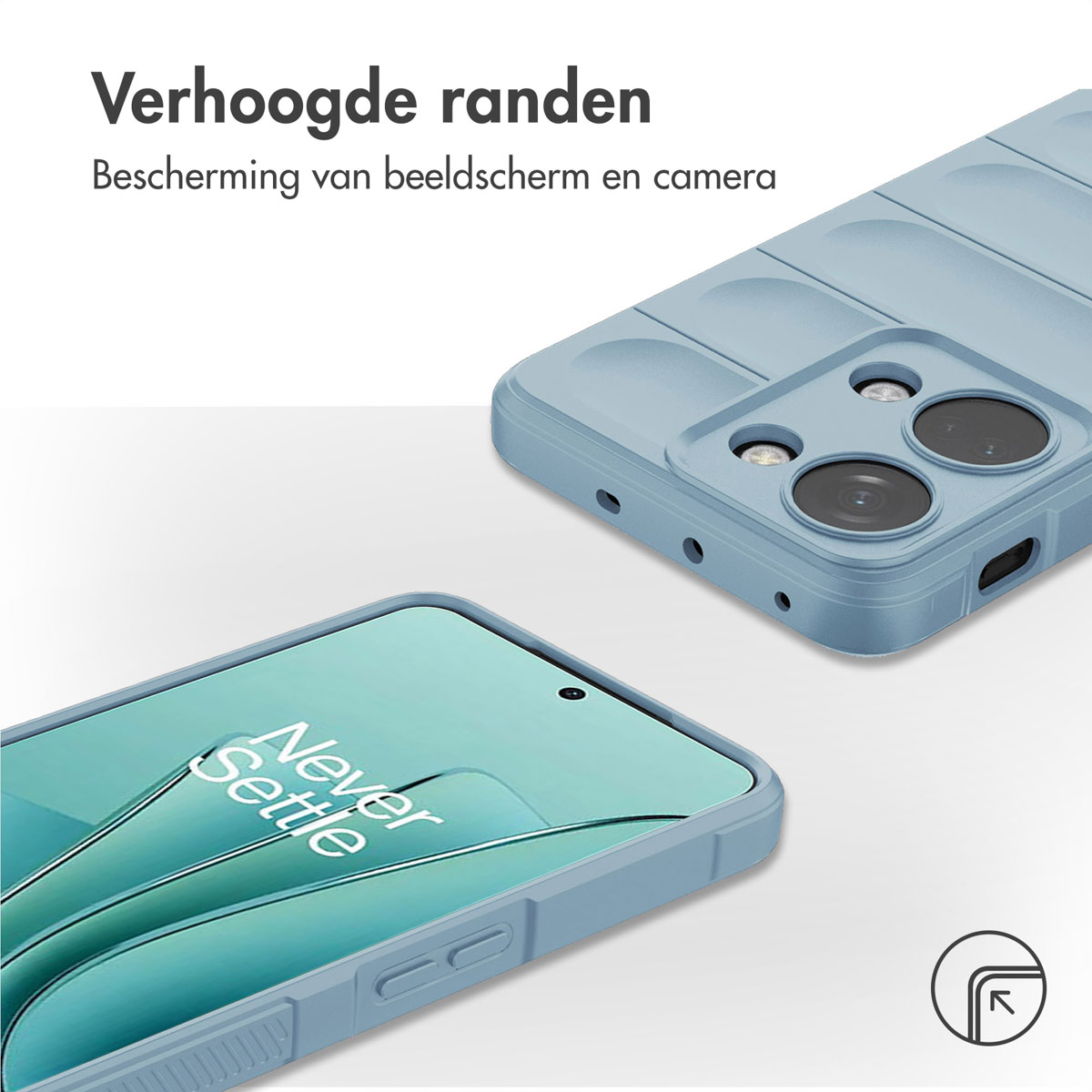 Custodia per telefono blu su un telefono, con bordi rialzati. Il telefono ha Never Settle sullo schermo.