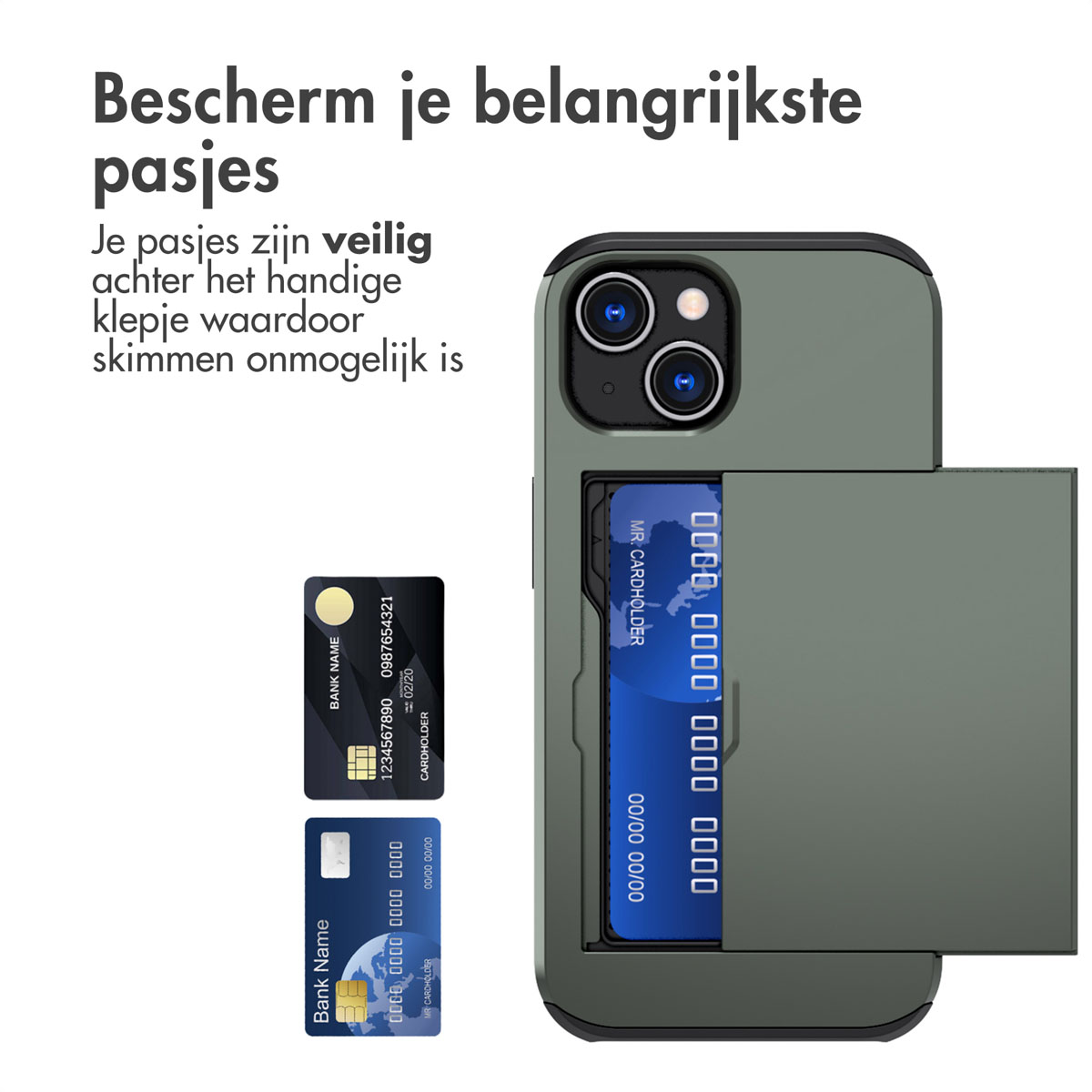 Green phone case with a card holder. Two credit cards are shown inside the case.