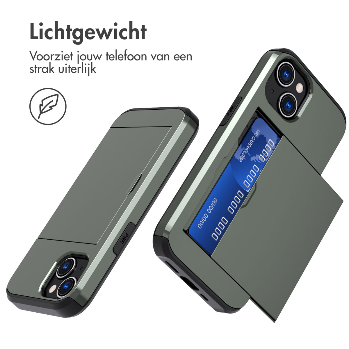 Two phone cases, one open to show a card, the other closed. Both are green.