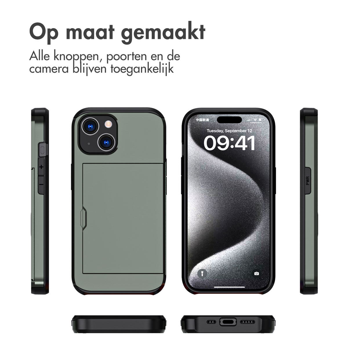A phone case with multiple views. The case has a card holder and covers the phone.