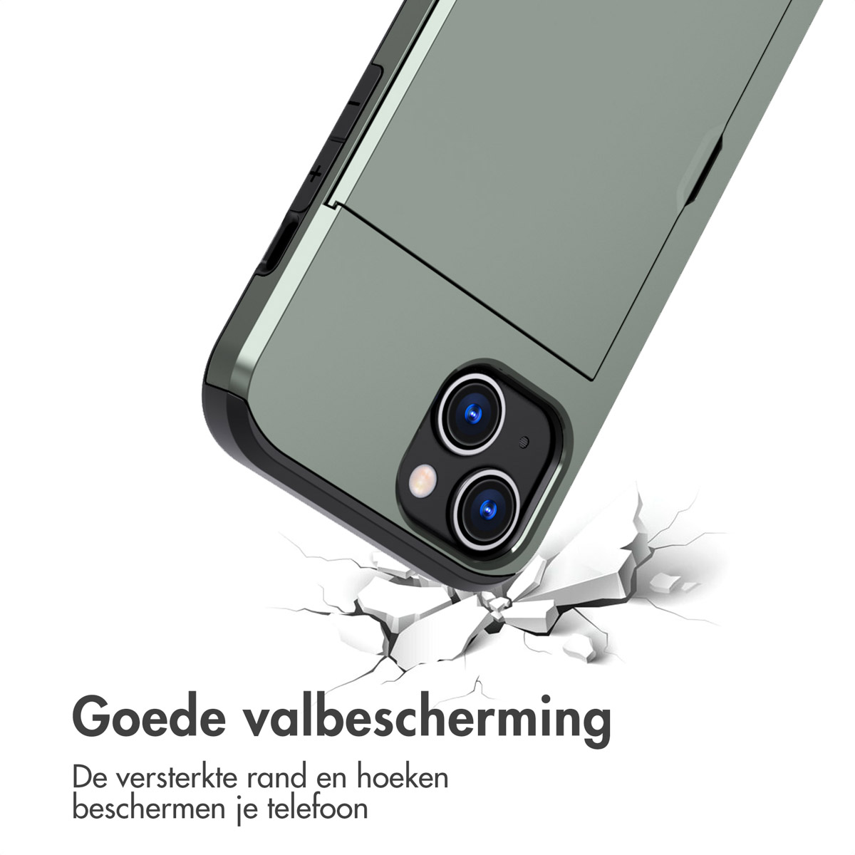 Green phone case, cracked ground impact. The case provides good drop protection.