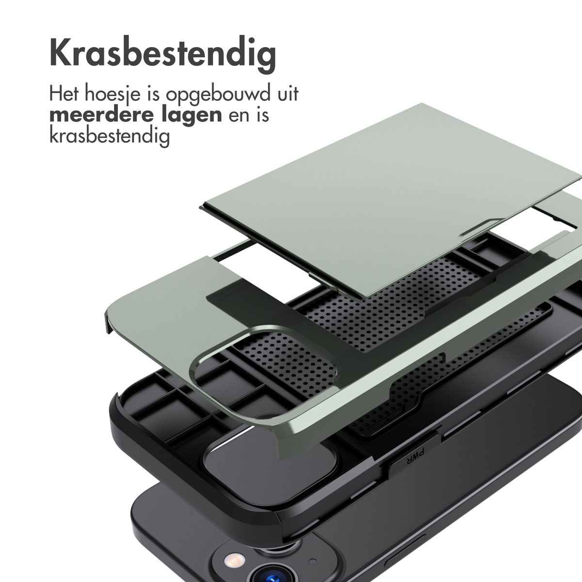 Exploded view of a phone case, with layers; a clear screen cover, a gray back, and a black base.
