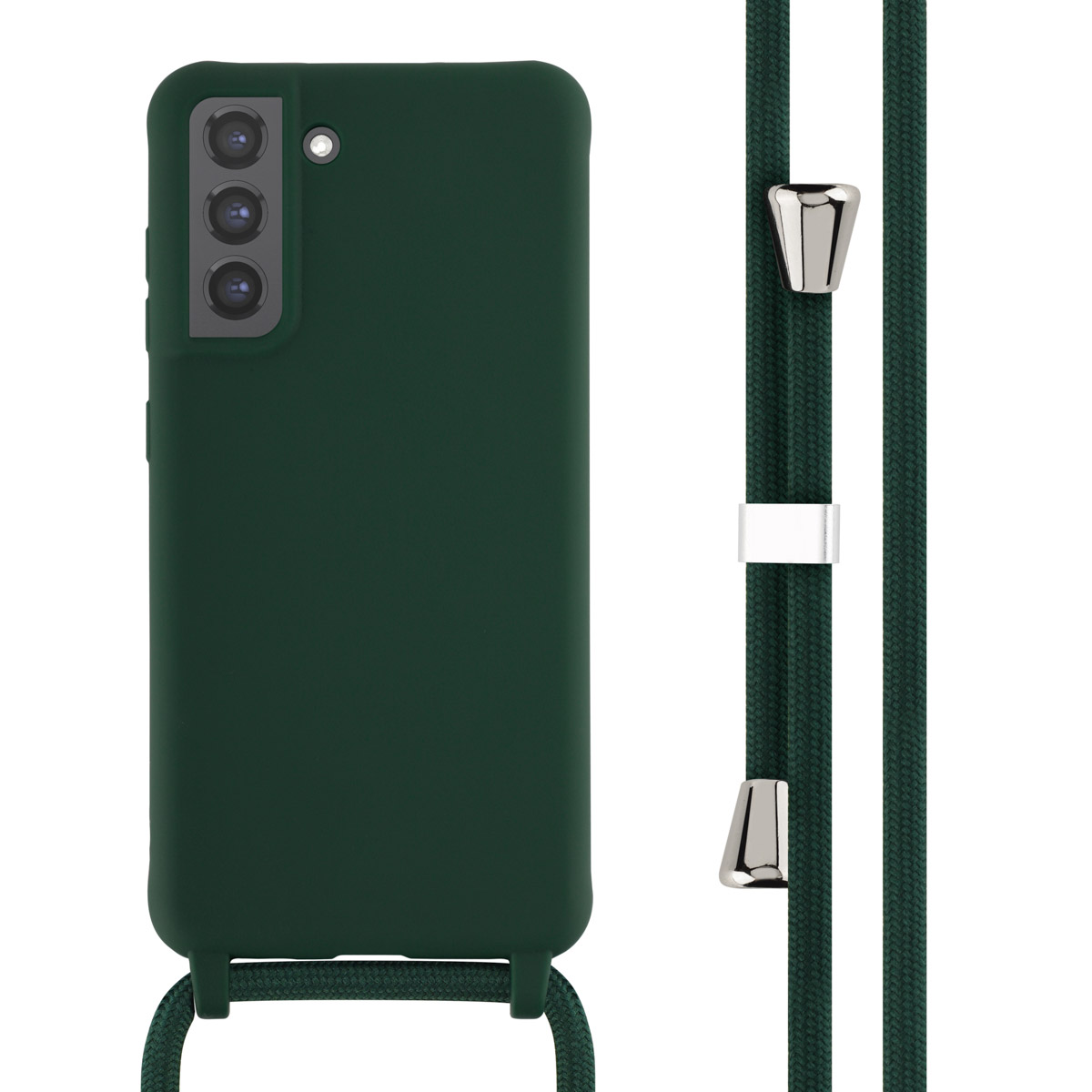 Coque de téléphone vert foncé avec une sangle. La coque est à côté d'une sangle vert foncé avec des détails argentés.