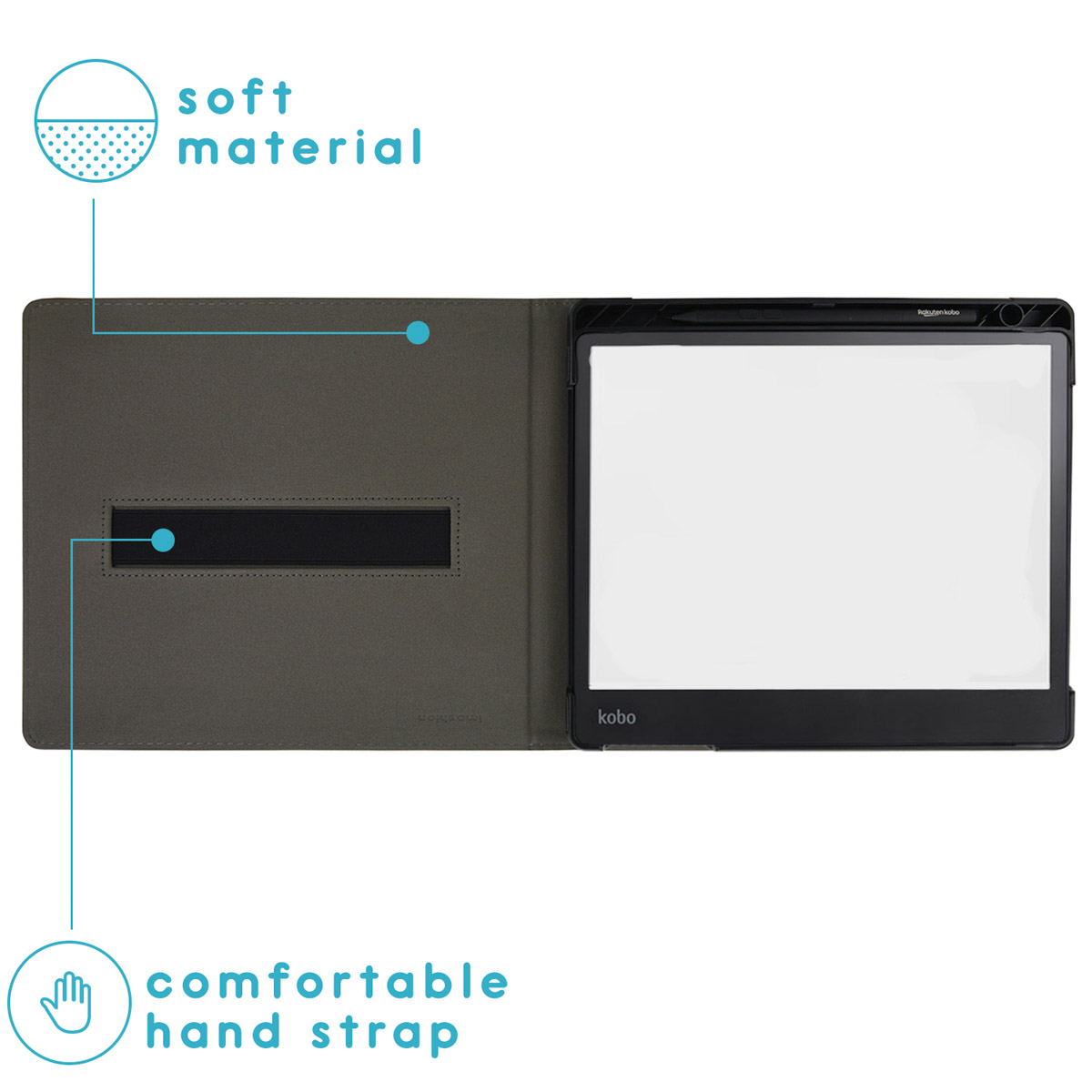Tablette avec couverture ouverte, montrant un écran et une dragonne.