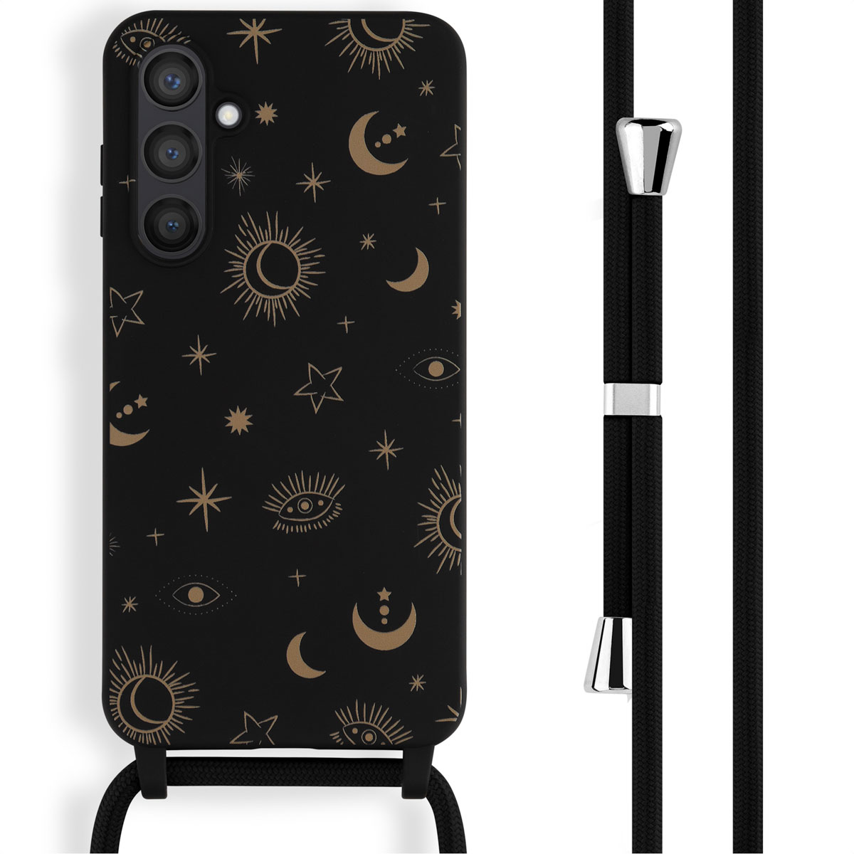Een zwarte telefoonhoes met een gouden hemels patroon en een zwart koord.