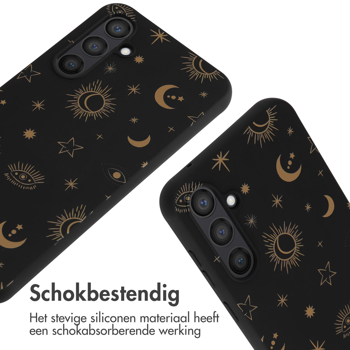 Zwarte telefoonhoes met gouden hemelse ontwerpen: zon, maan en sterren.