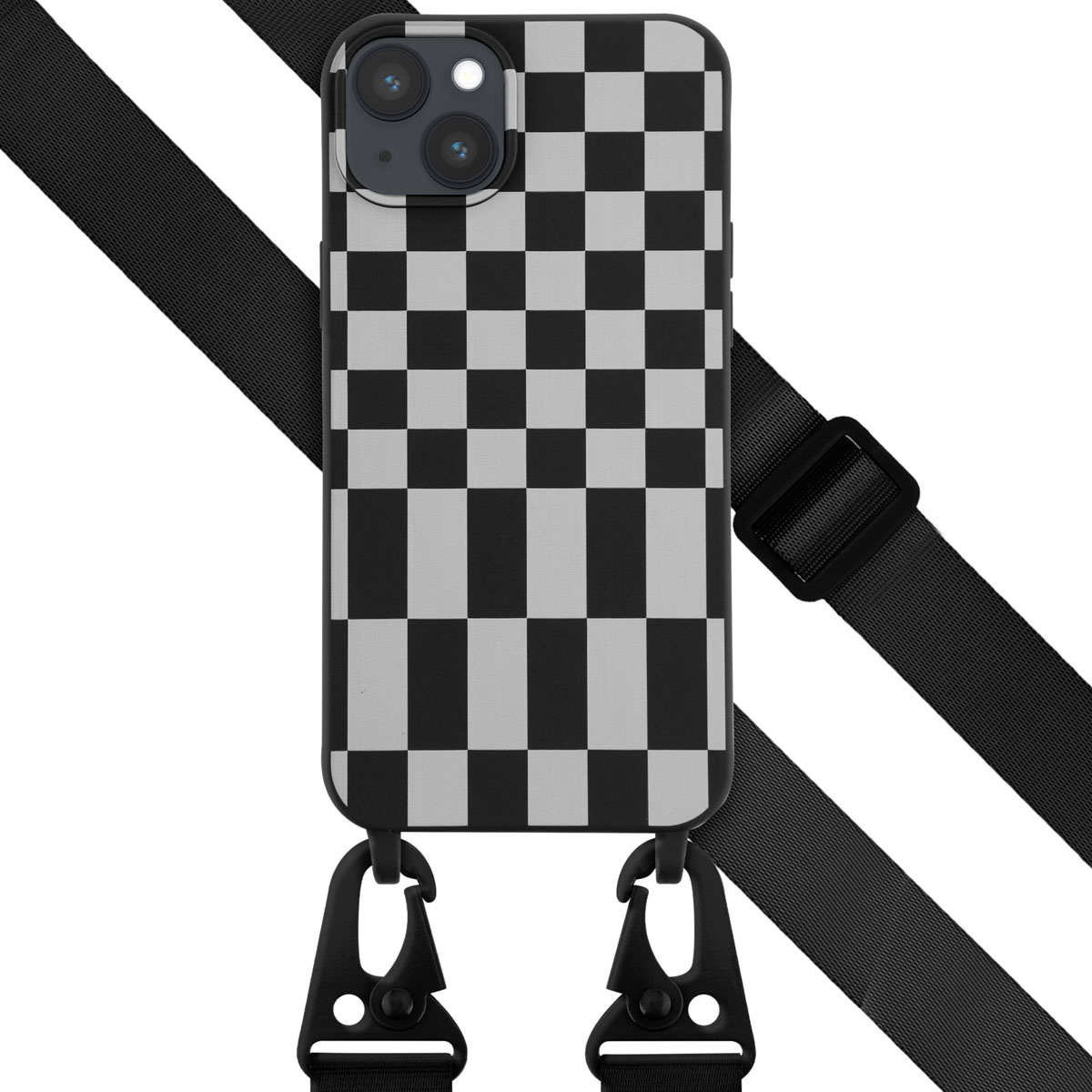 Téléphone avec coque à damiers et sangle. La coque est noire et blanche. Fond blanc.