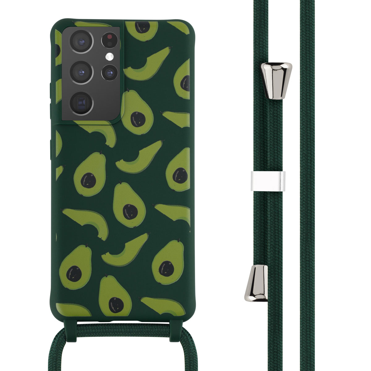 Donkergroene telefoonhoes met avocadopatroon en bijpassende band.